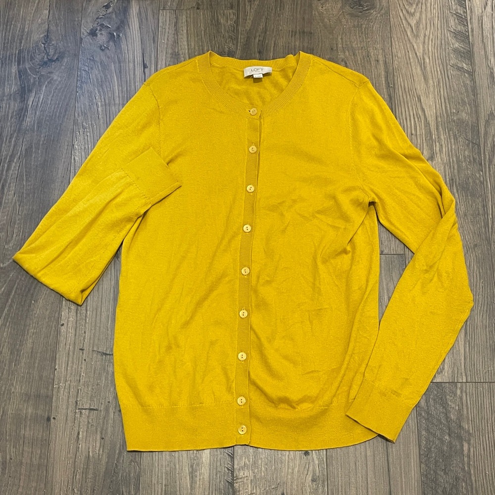 Loft Outlet Mustard Yellow Cotton Button Front Cardigan Sweater Womens Medium